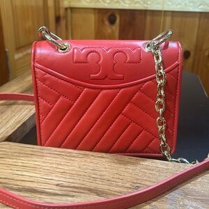 Tory Burch Red Quilted Leather Shoulder Bag with Gold Chain